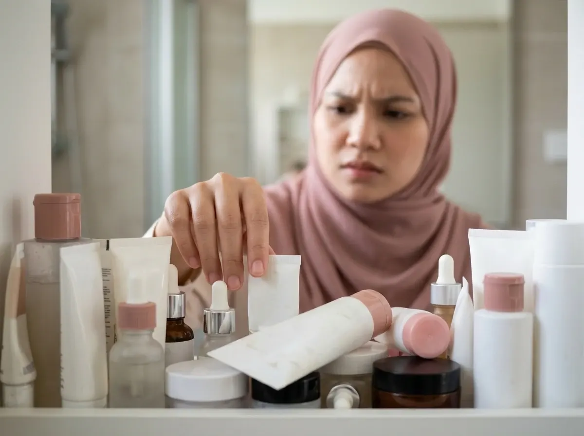Rak penuh produk skincare yang separuh digunakan